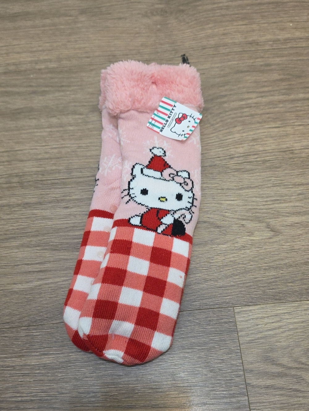 Hello Kitty Pink & Red Fuzzy Cuffed Kids Crew Socks
